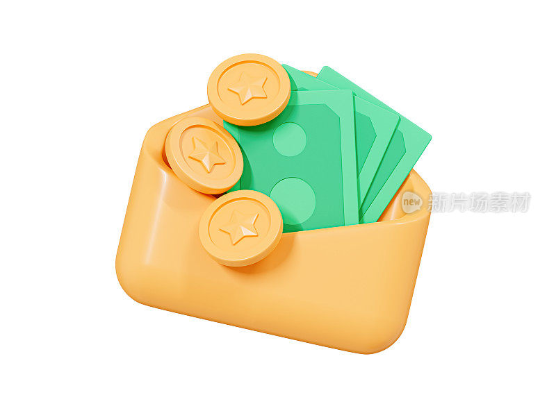 3D Opened envelope with money and floating coins. Cash bonus. Receiving payment or invoice. Salary bill. Send dollar in mail. Cartoon creative design icon isolated on white background. 3D Rendering